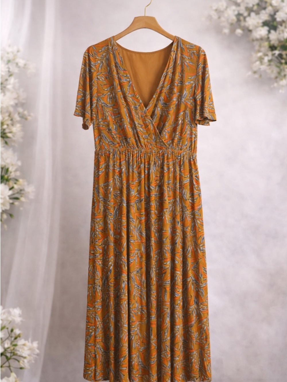 Boho Orange Leaf Print Maxi Dress Faux Wrap Short Sleeve Size L